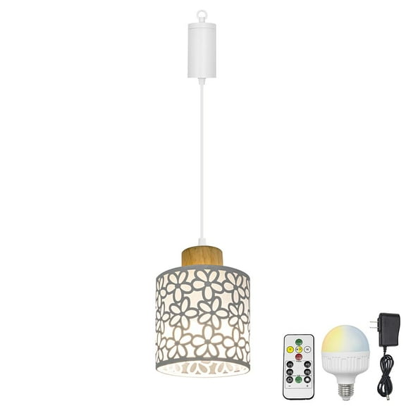 KAYYELAMP 1Pcs Rechargeable Battery Adjusted Height Hanging Light Remote LED Dimmer Timing Bulb Wood Base Petal Pattern Shade Modern Design for Depot Kitchen Farmhouse