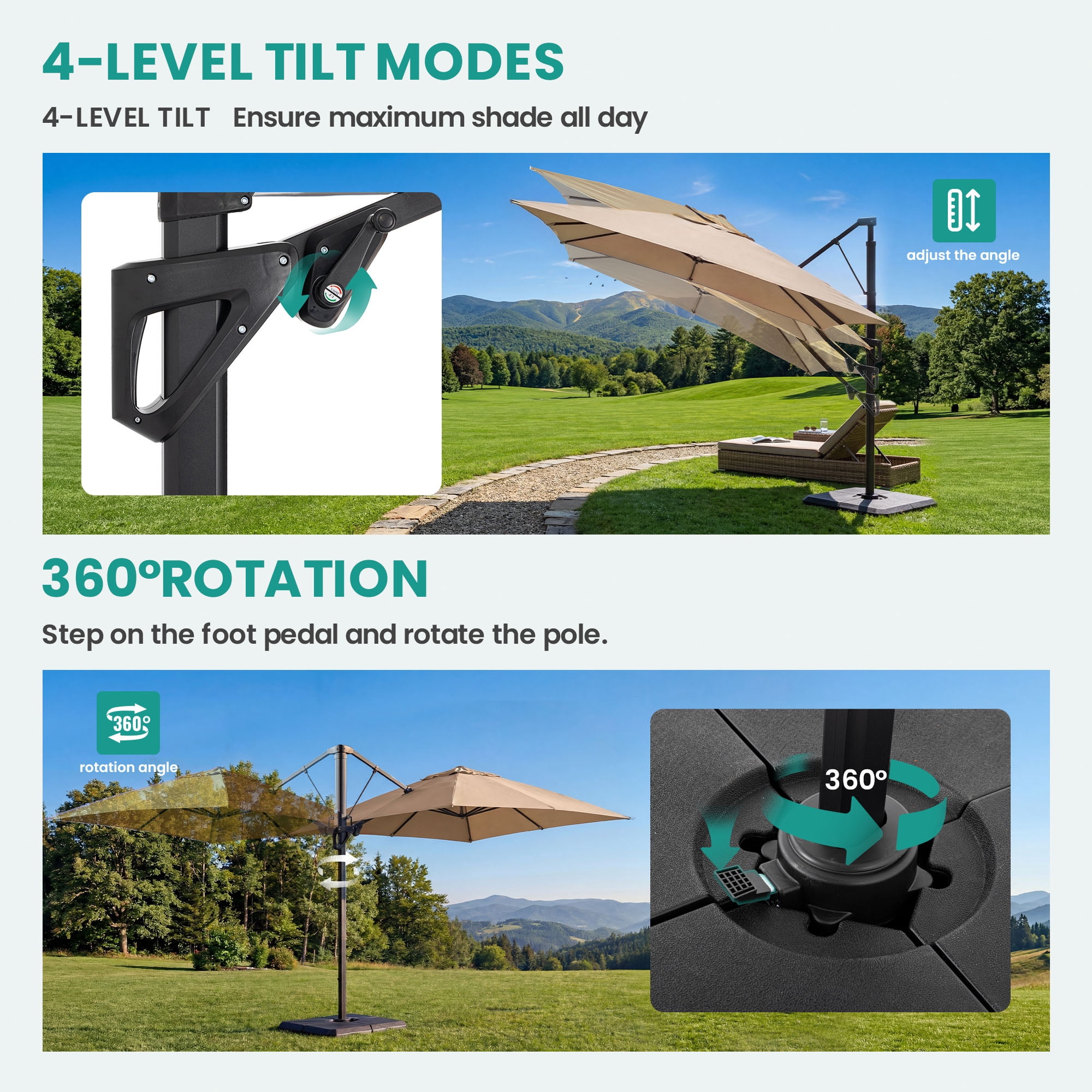 FOROUTIA 10x13ft Khaki Cantilever Patio Umbrella, 360° Rotation Offset Umbrella with 4-Level Tilt, Double Top UV50+ Waterproof Outdoor Umbrella for Pool, Backyard, Garden, Deck