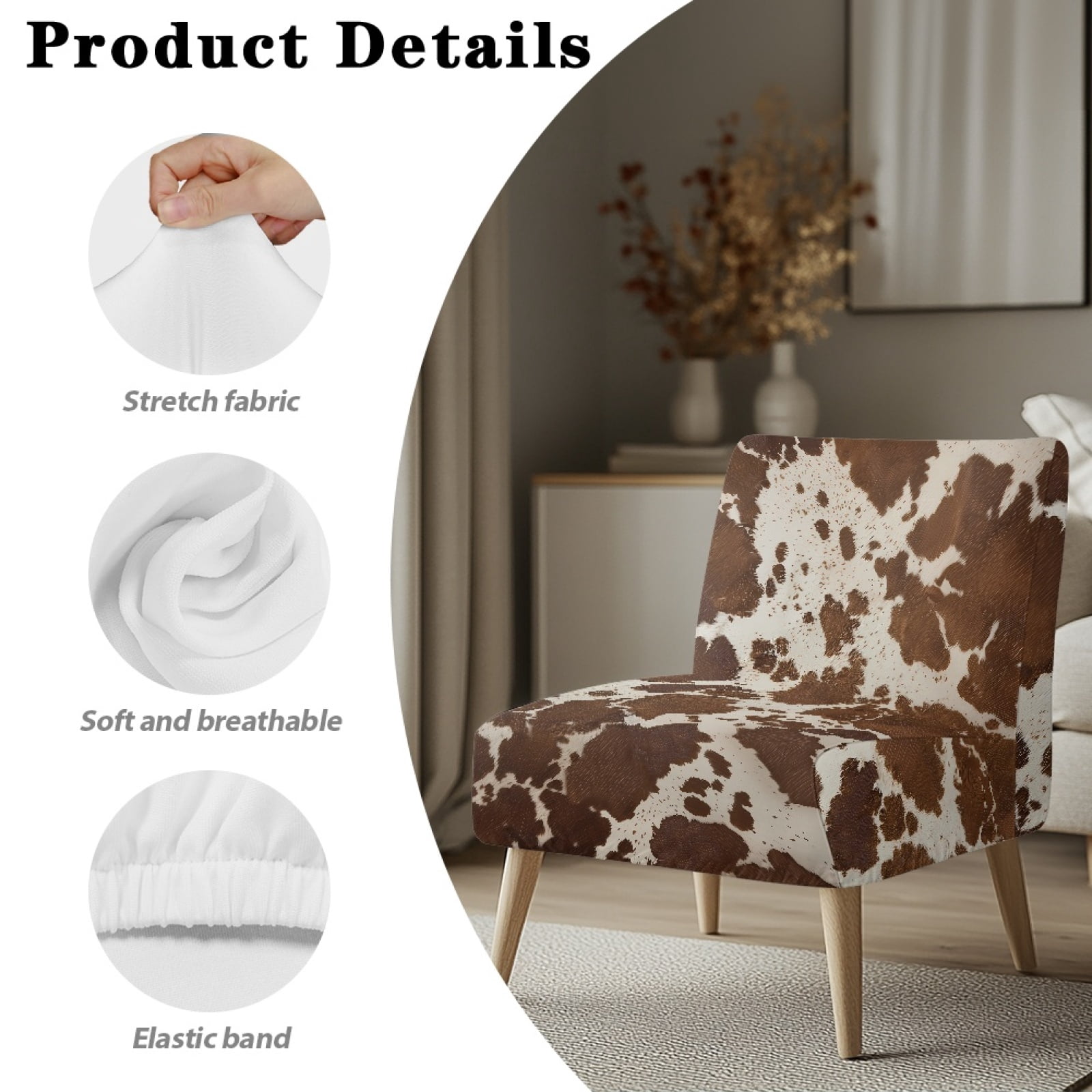 ZIATUBLES Armless Couch Slipcover Stretch Spandex Living Room Chair Covers without Arms Soft Machine Washable Armless Chair Furniture Protector Covers Modern Home Decor, Beige Brown Cow Print