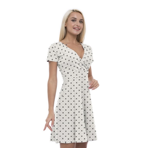 Women’s A Line Polka Dot Summer Dress, Retro Triangle Arrangement, Cross Wrap V Neck, 6 Sizes, by Ambesonne