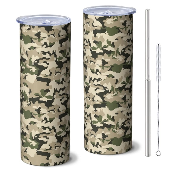 Camouflage 20 Oz Stainless Steel Skinny Tumbler – Vacuum Insulated Slim Travel Cup with Lid & Stainless Steel Straw, 360° Full Wrap Printed Tumbler for Home, Office & Outdoor Use