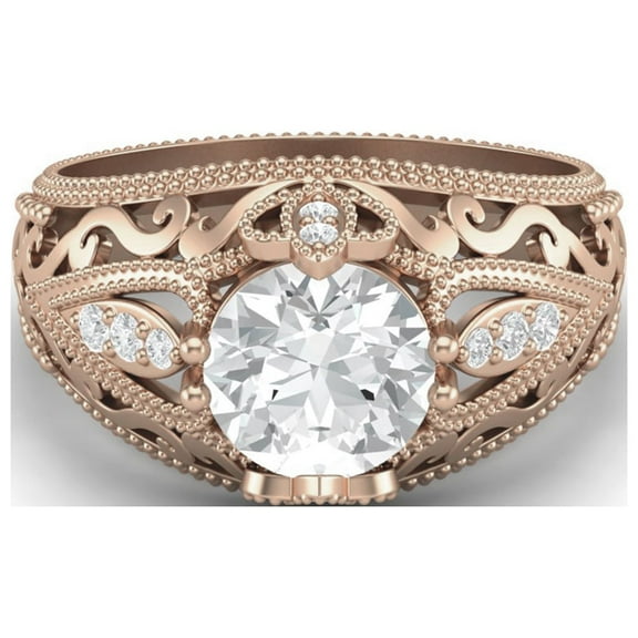 Mooneye 1.45Ct Round Moissanite Diamond 925 Sterling Silver Rose Vermeil Filigree Women Gifts Ring