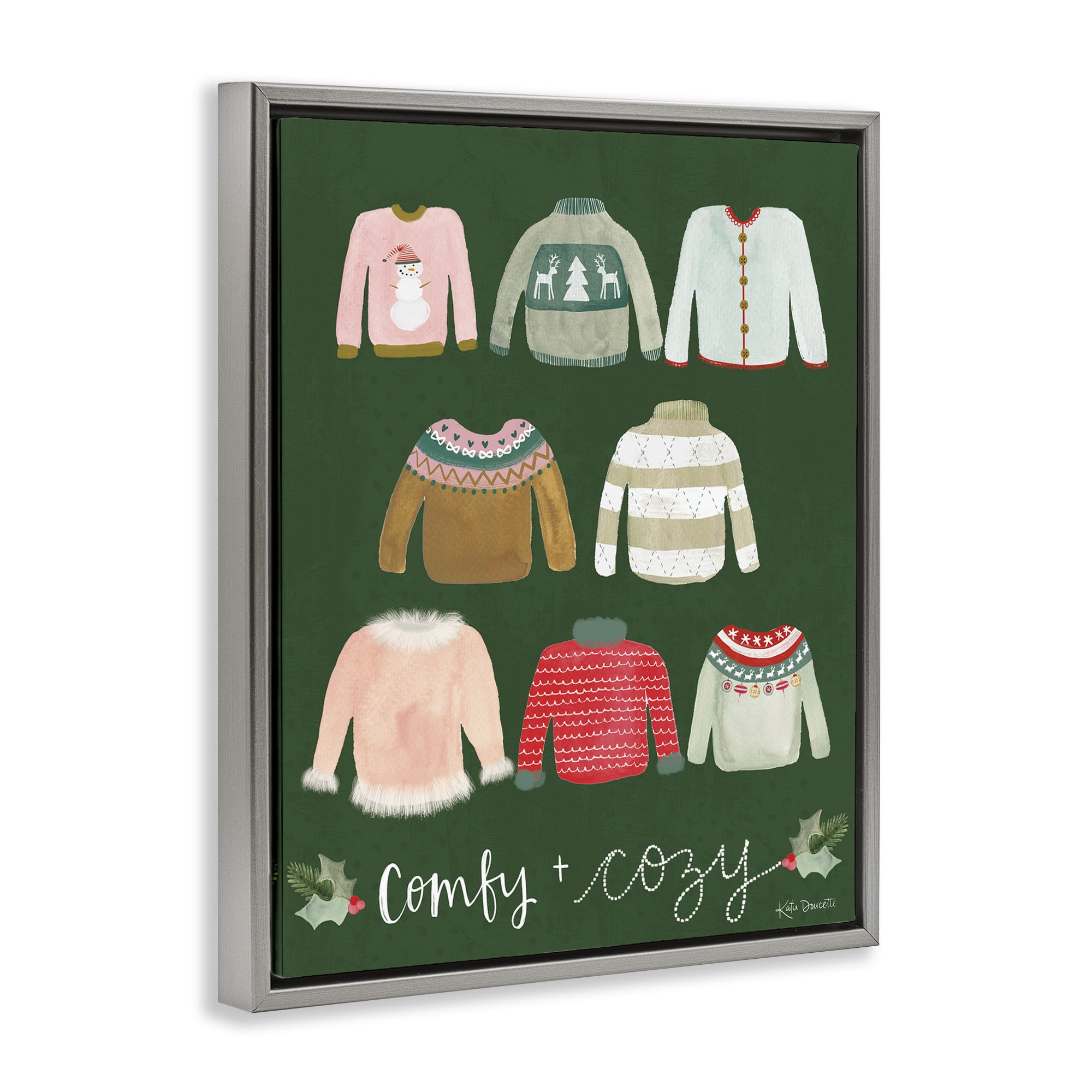 Stupell Industries Comfy & Cozy Sweaters Holiday Painting Gray Floater Framed Art Print Wall Art, 25 x 31