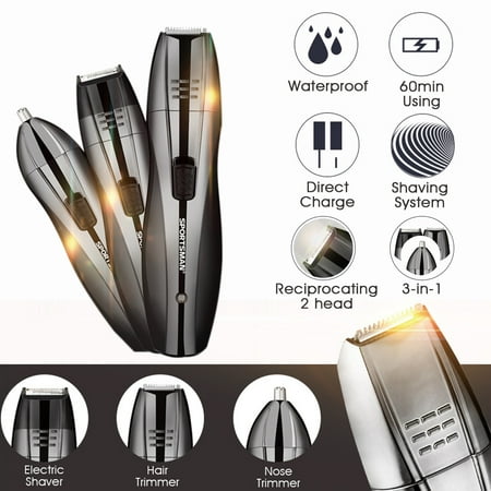 3 in 1 Rechargeable Cordless Electric Hair Shaver Clipper Body Nose Ear beard shaver Beard Mustache Trimmer Steel Blade Home Barber Haircut Trimming Grooming Kit For Adults (Best Haircut For Large Nose)