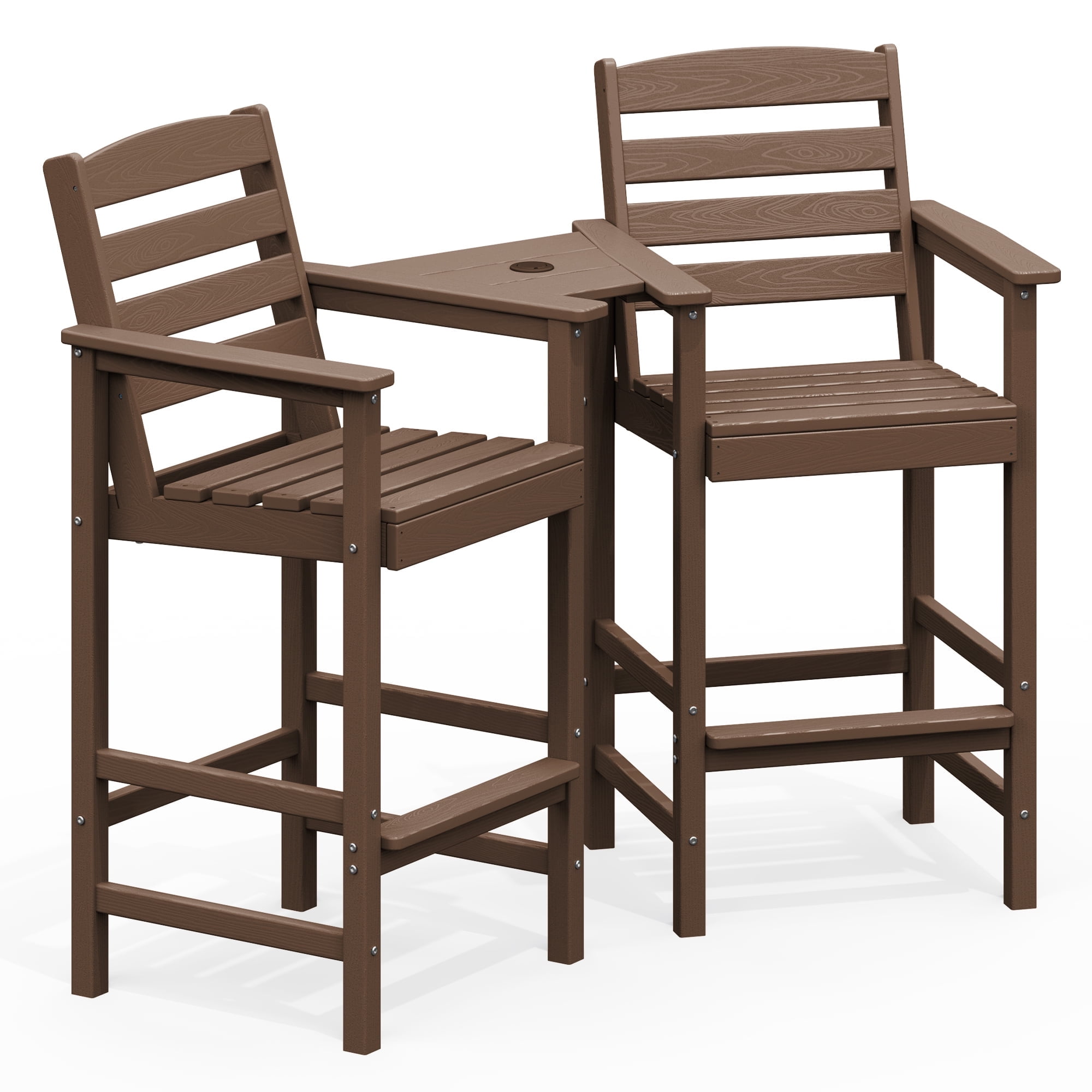 LOYALICE Balcony Chair Set of 2, Outdoor Adirondack Barstools with Connecting Tray, Brown