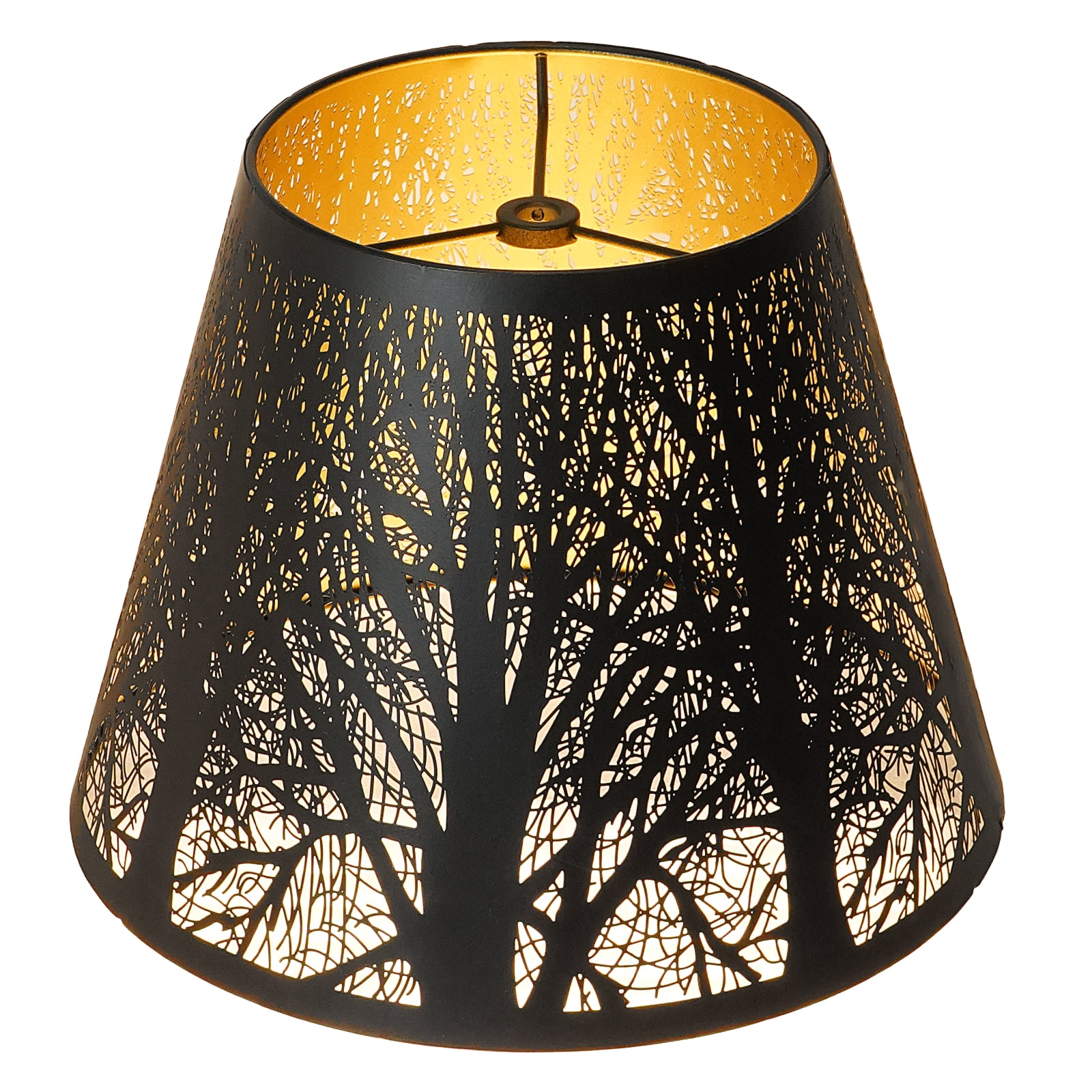 SWAIFDEE Metal Small Lamp Shade, Barrel Lampshade Etched Forest Pattern, Outer Black Inner Gold, 6" x 10" x 7.5", Spider Fitter