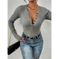 thumbnail image 6 of ZOELNIC Women's Long Sleeve Ribbed Knit Top V-Neck Button-Up Shirt, Slim Fit Fall Casual Blouse, Solid Color Stretch Basic T-Shirt for Women, M, 6 of 8