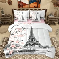 Homewish Pink Cherry Blossom 7-Piece Twin Bedding Sets,Prias Eiffel Tower Bedding Comforter Set,Japanese Sakura Sheet Sets For Girls Kids,Ultra Soft Home Decor Reversible