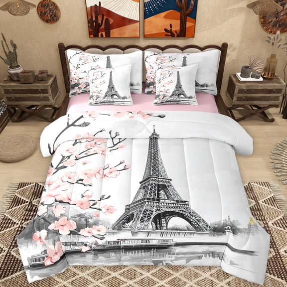 Homewish Pink Cherry Blossom 7-Piece Twin Bedding Sets,Prias Eiffel Tower Bedding Comforter Set,Japanese Sakura Sheet Sets For Girls Kids,Ultra Soft Home Decor Reversible