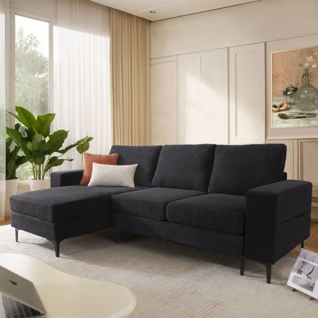 Vcatnet 97" Sectional Sofa and Couch, L Shaped Corduroy Sofa with Chaise, 3-Seater Modern Minimalist Couches for Living Room, Apartment, Black