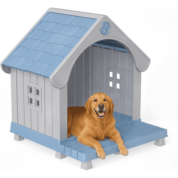 EasyUp Dog House Resin Dog Kennel with Cute Elegant Design & Extended Elevated Floor, Dog Houses for Large Dogs Outside Weatherproof for Indoor & Outdoor Use