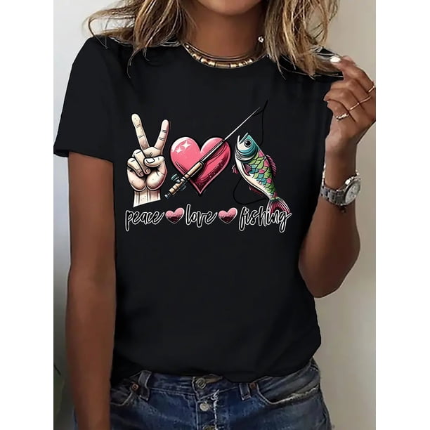 Women's Casual Graphic T-Shirt - Peace Love Fishing Design with Vibrant Fish & Heart Print, Relaxed Fit Round Neck, Medium Stretch Machine-Washable Fabric for Outdoor Enthusiasts & Casual Att