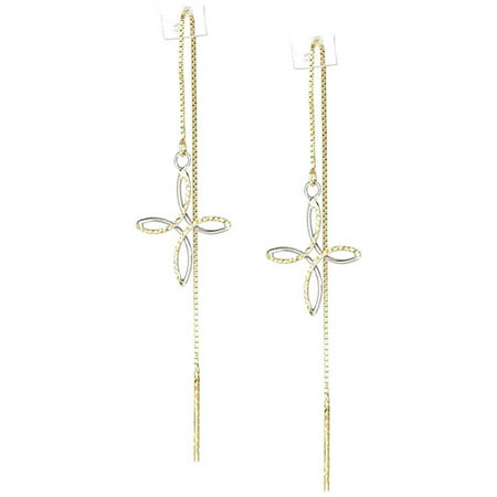 American Designs 14kt Yellow and White Gold Two-Tone Diamond-Cut Cross Religious Dangle and Drop Threader Earrings