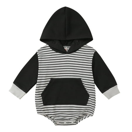 

Qixiu Baby Boy Bodysuits Boys Girls Long Sleeve Striped Hooded Pullover Romper With Pocket Sweatshirt Bodysuits Baby Boy Romper Black 70