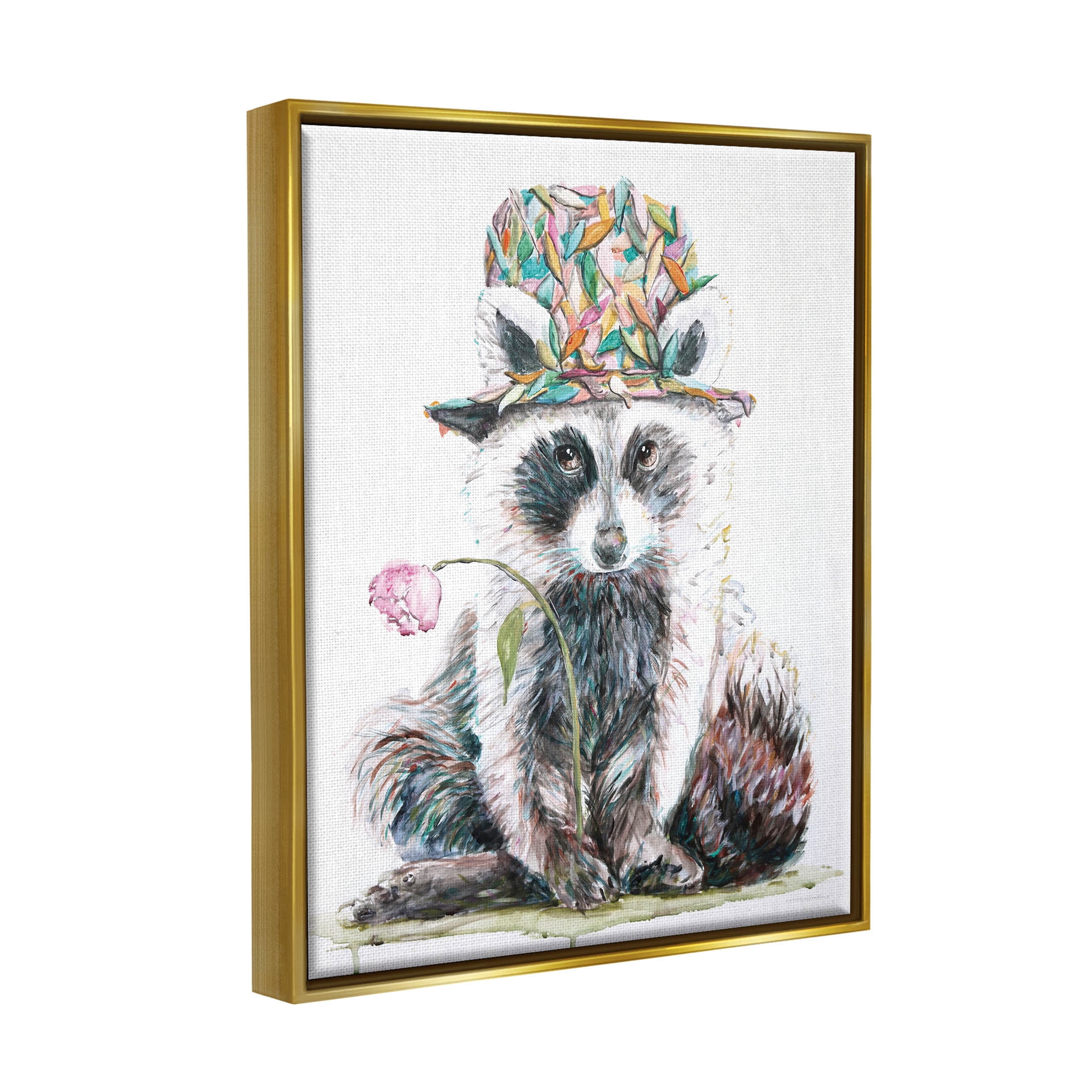 Raccoon Pink Blossom Hat Animals & Insects Graphic Art Metallic Gold Framed Art Print Wall Art