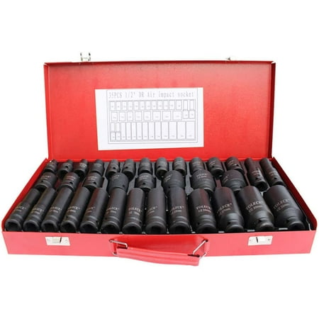 

tonchean 35pcs 1/2 Deep Impact Socket Set 6 Point Sockets Spindle Axle Nut Garage Workshop Car Auto Truck Repair Hand Tools 8-32MM