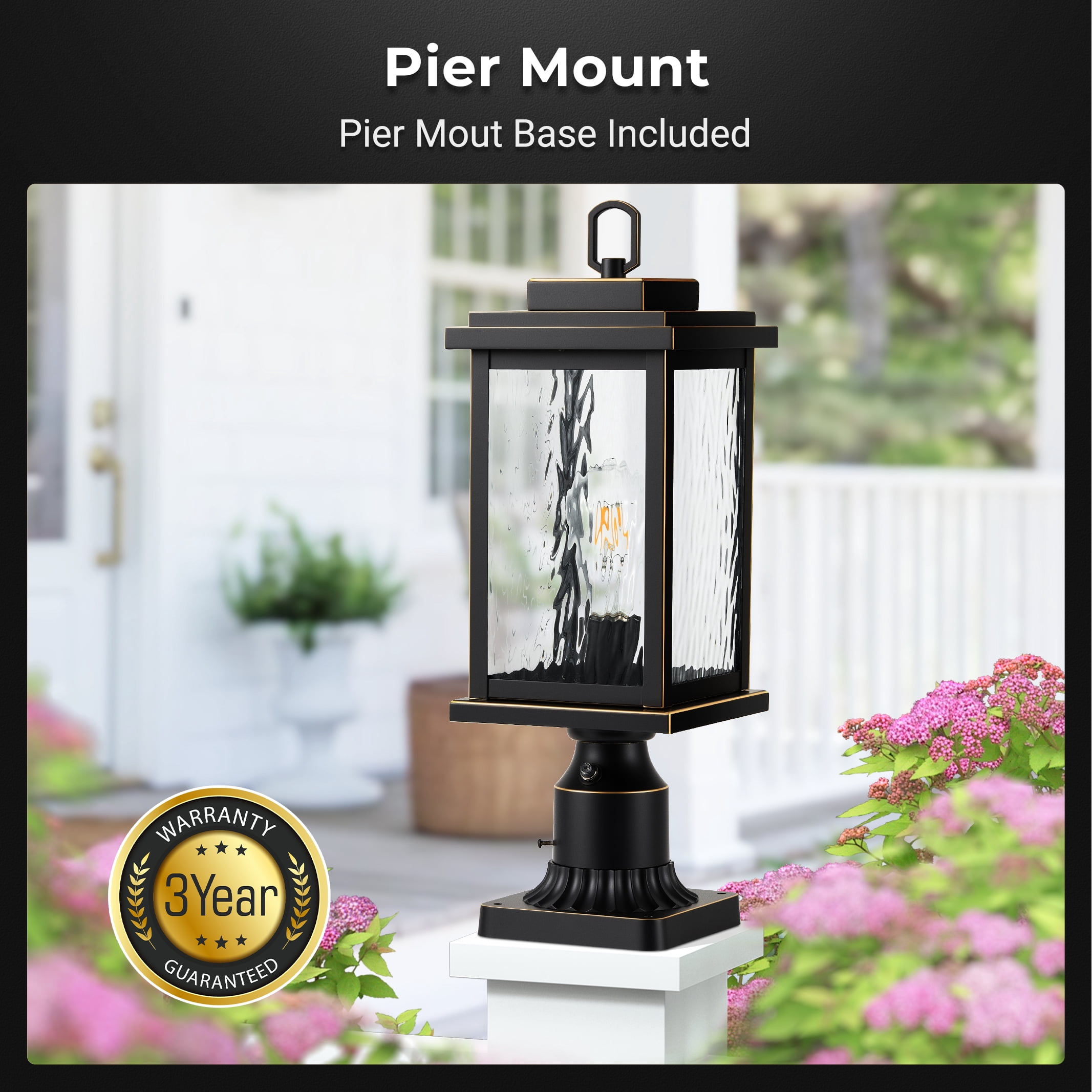 VIANIS Large Dusk to Dawn Outdoor Post Lights, Matte Black Hardwired Waterproof Outside Lamp Post with Pier Mount Base, 3-inch Aluminum Outdoor Post Light with Tempered Glass for Garage, Garden