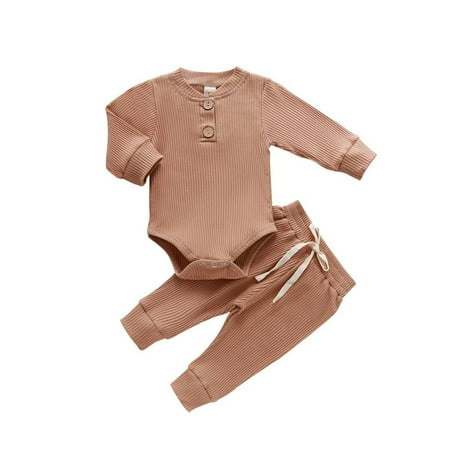 

uukiA Infant Baby 0-24M Solid Color Round Neck Outfit Long Sleeve Romper Pants Set