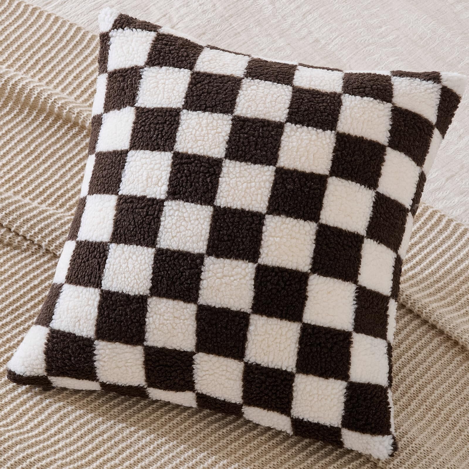 Lanola Pack of 2 Decorative Throw Pillow Covers Checkerboard Luxury Super Soft Faux Fur Wool Set Case Cushion for Couch Sofa Bedroom 18 x 18-Inch Camel