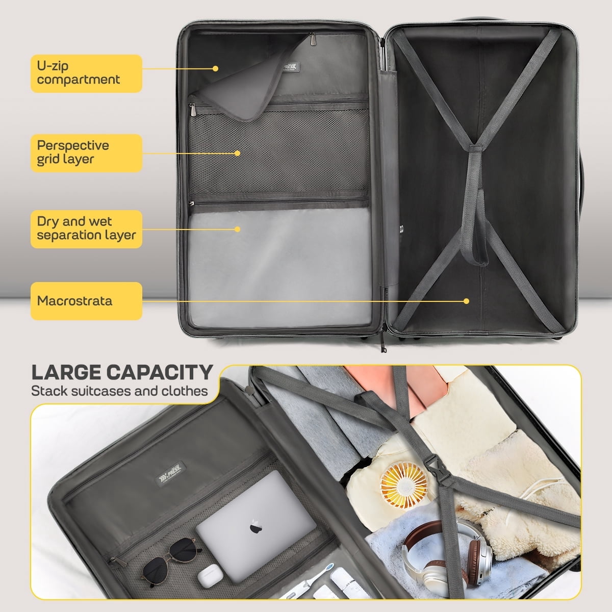 New York Xpress 3-Piece Hardside Luggage Set,20/26/30 Inch Expandable Spinner Suitcases w/TSA Lock, Grey - DQ135