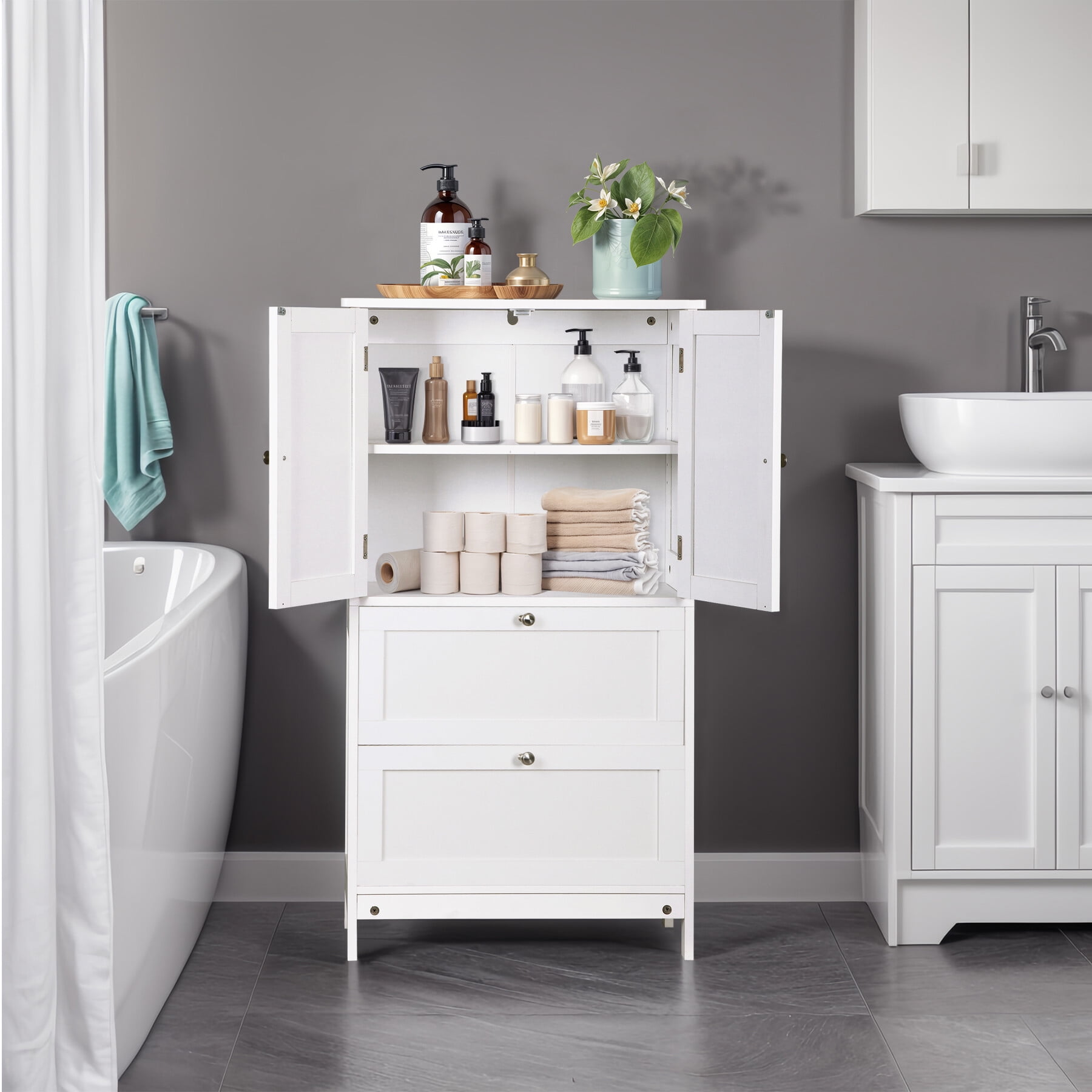 ZENY Bathroom Freestanding Floor Storage Cabinet Storage Unit with 2 Drawers and 2 Doors Adjustable Inner Shelf, White