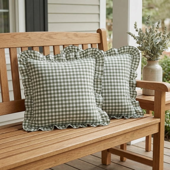 2 Pack Sage Green Plaid Ruffle Gingham Throw Pillow Covers, 100% Washed Cotton Checkered Farmhouse Decorative Pillow Shams for Bed/Sofa - 18''x18''