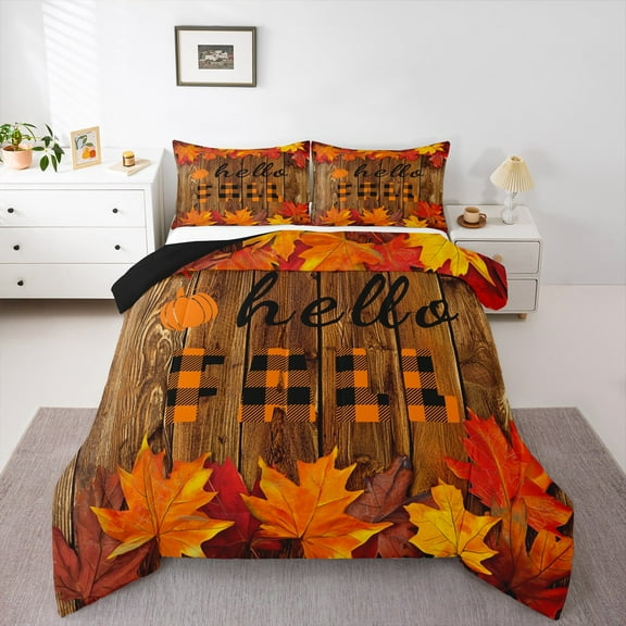 Manfei Hello Fall Bedding Comforter Set,Autumn Fall Maples Twin Comforter Sets,Old Barn Door Bedding Set For Children,Breathable Home Decor Reversible,2-Piece