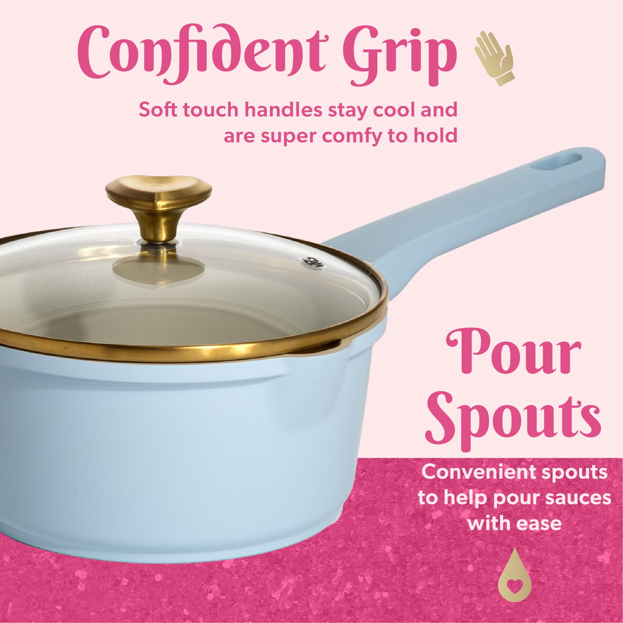 Paris Hilton 10-Piece Clean Ceramic Nonstick Cooking Pots and Pans with Lids Cookware Set with Heart Shaped Lid Knobs, Blue
