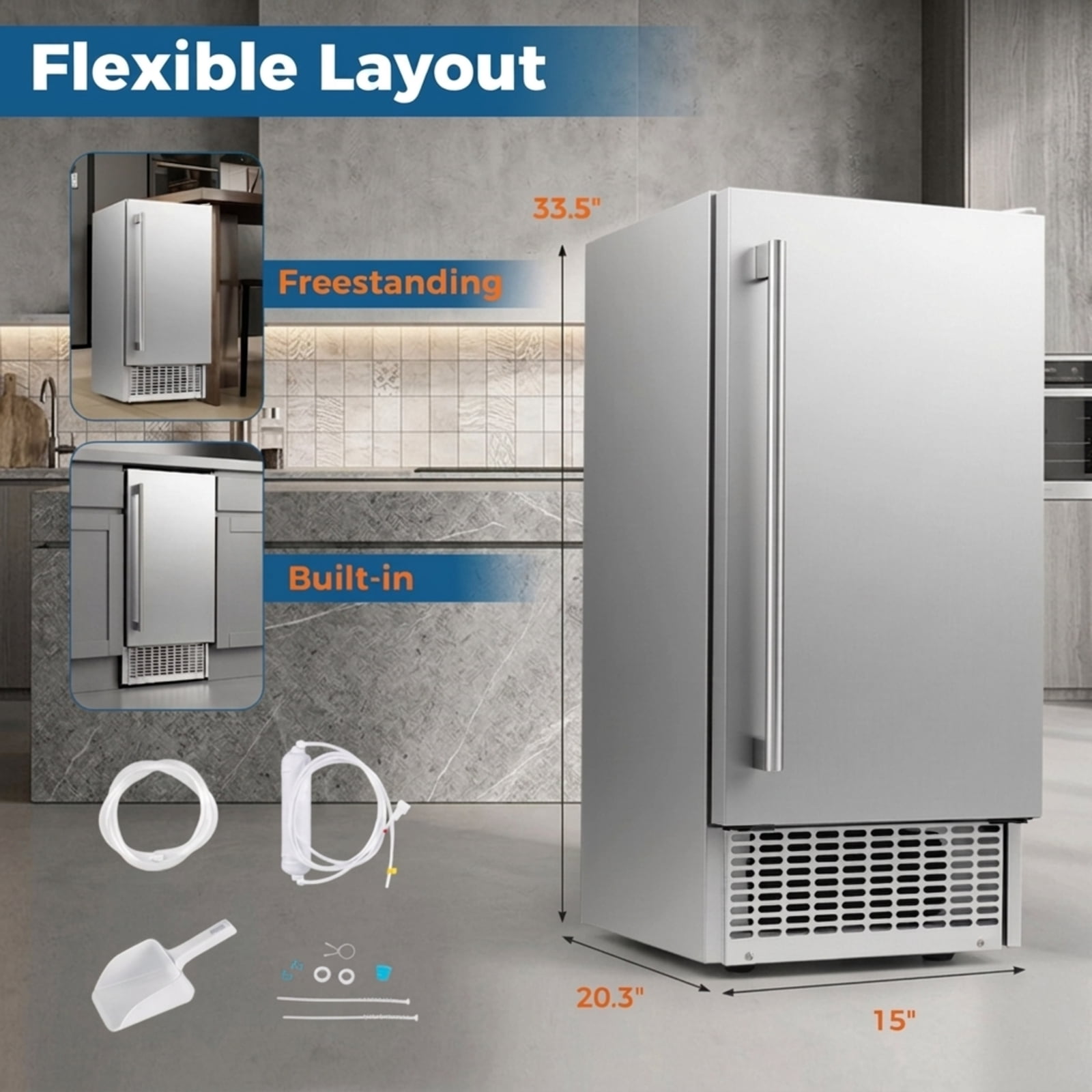 RUIE Under Counter Ice Maker 90 lbs/Day, 15 Inch Built-In Stainless Steel Ice Machine with 25 lbs Storage Bin for Home Bar Kitchen Restaurant