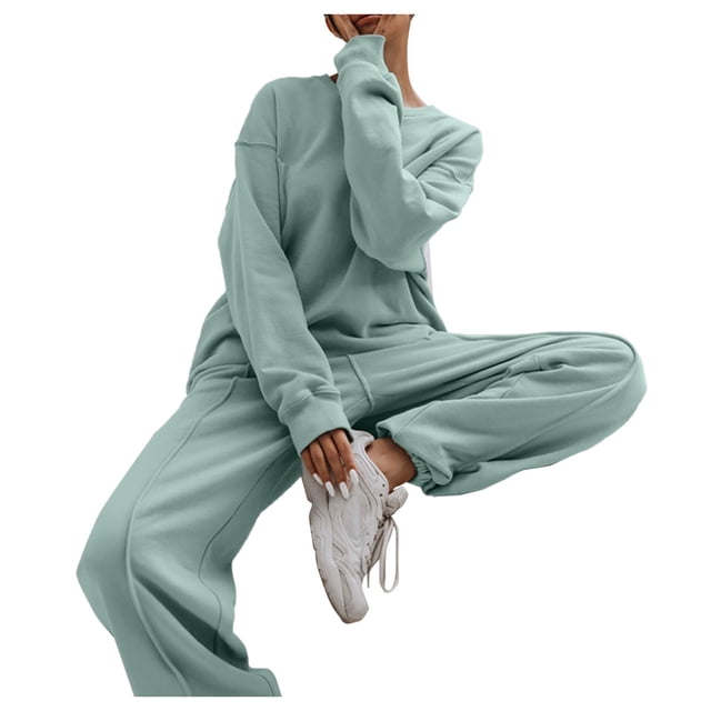 Ensemble de Survêtement Deux Pièces pour Femmes, Haut à Manches Longues Col Rond avec Bas Assortis, Tenue Confortable