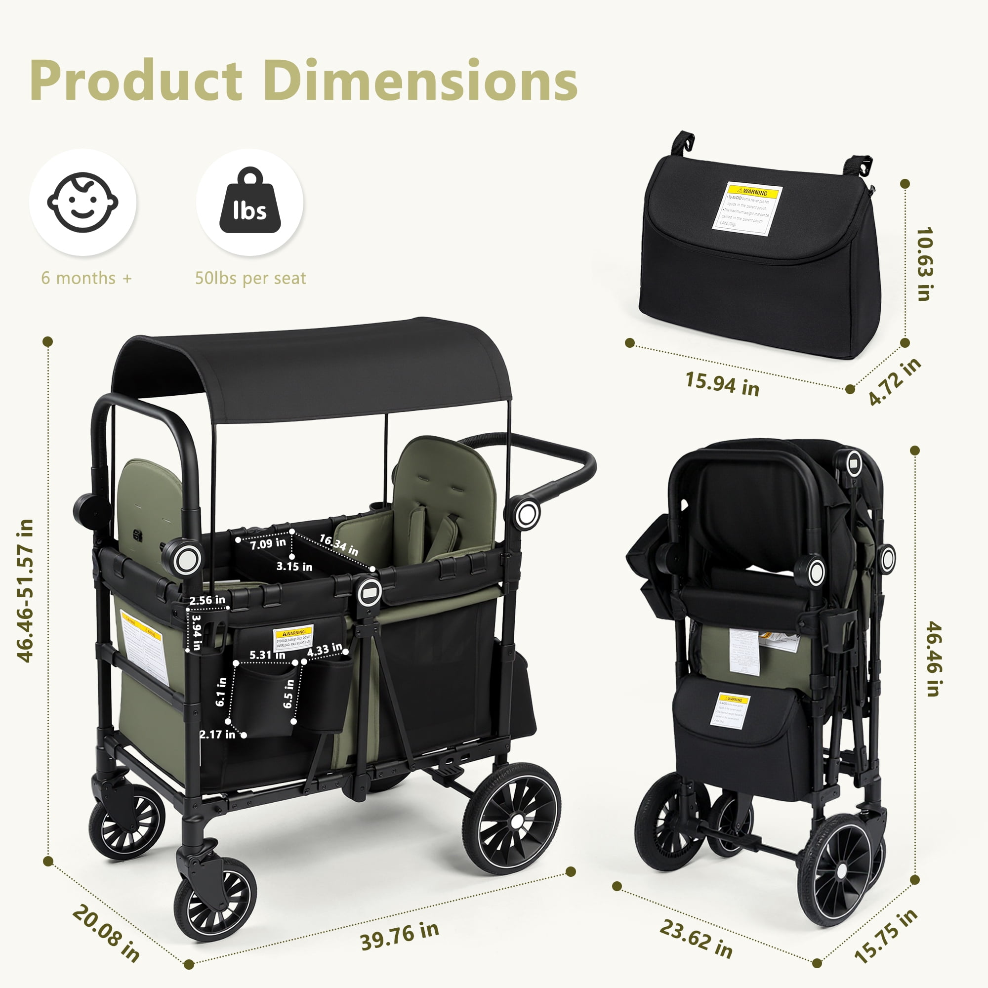 LINLUX 2 Kids Wagon Stroller, Foldable Outdoor 2-Seat Stroller Wagon, Removable Canopy, 55 Pound, Green