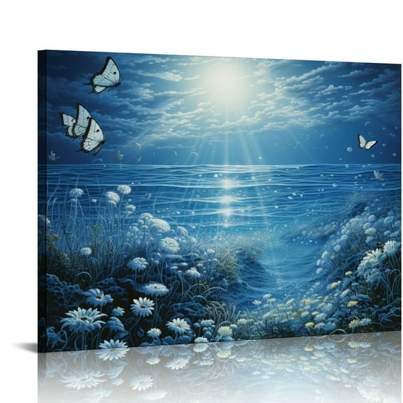 EastSmooth  Full Moon over Ocean Canvas Art Blue Butterfly Picture Prints Wall Decor for Bedroom Modern Artwork Framed for Home Kitchen