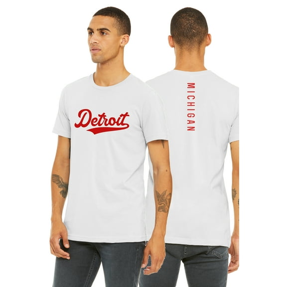 Daxton Adult Unisex Tshirt Detroit Script with Michigan Vertical on the Back, White Red, XS