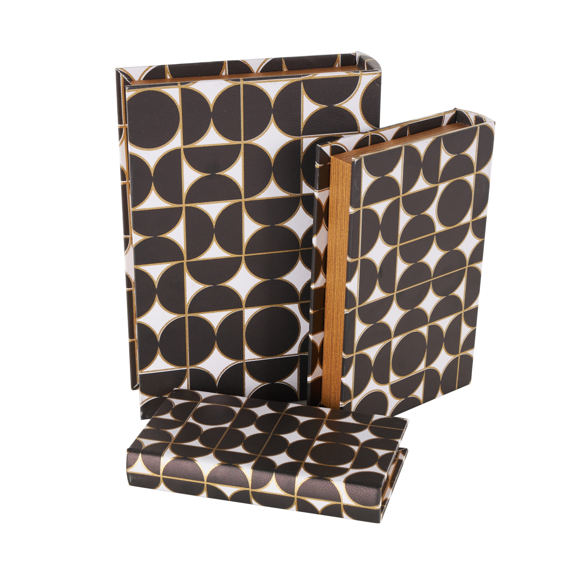 DecMode Faux Book Storage Black Faux Leather Decorative Box with Circle and Semi-Circle Pattern, 3 Count