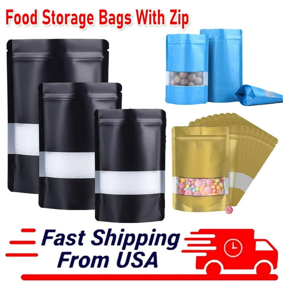 FungLam Mylar Foil Food Storage Stand Up Zip Seal Pouch Smell Proof Bags with Window Black Outer Size: 3.5x5in(9x13cm) 100 PCS