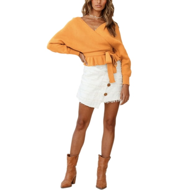Txlixc Prendas de Punto de Estilo Suelto para Mujer, Jersey de Dobladillo con Volantes de Manga Larga con Cuello en V Profundo de Color Sólido Txlixc Moda