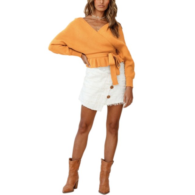 Txlixc Prendas de Punto de Estilo Suelto para Mujer, Jersey de Dobladillo con Volantes de Manga Larga con Cuello en V Profundo de Color Sólido Txlixc Moda