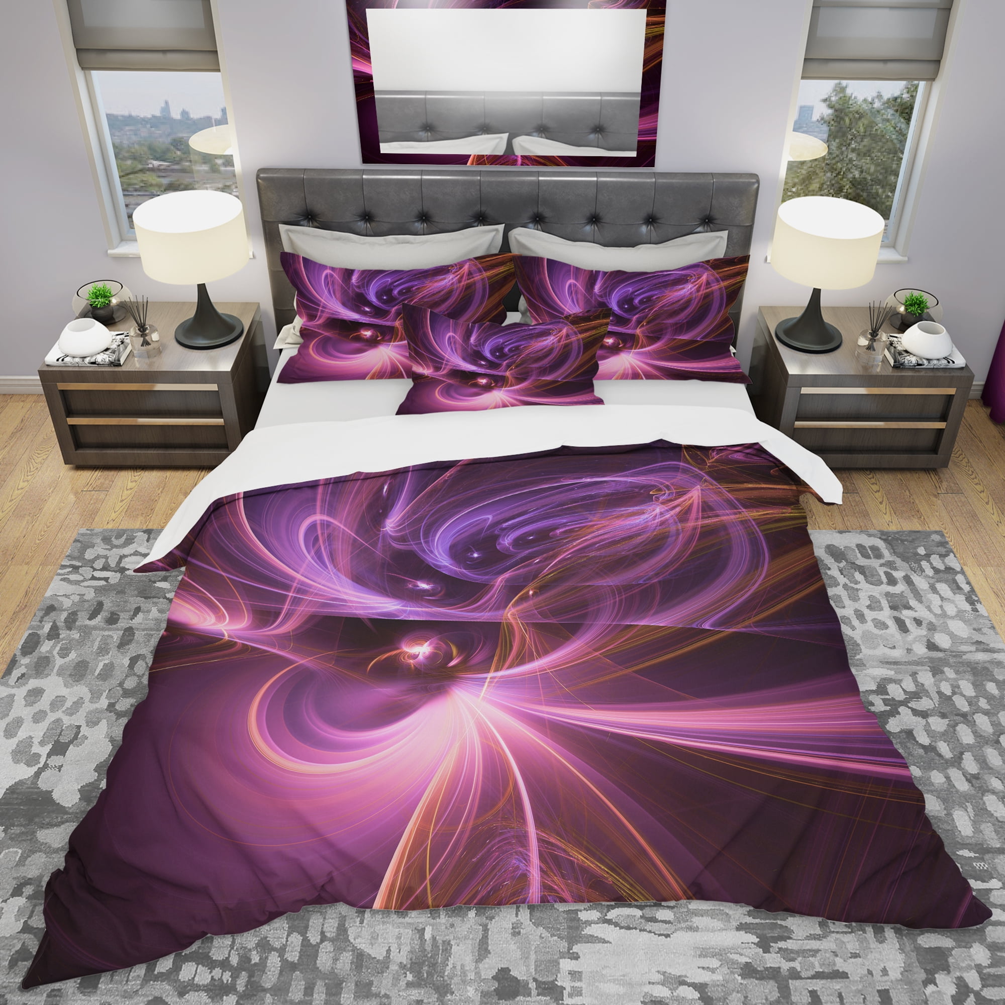 Designart 'Purple Fractal Light Art in Dark' Modern & Contemporary Duvet Cover Set