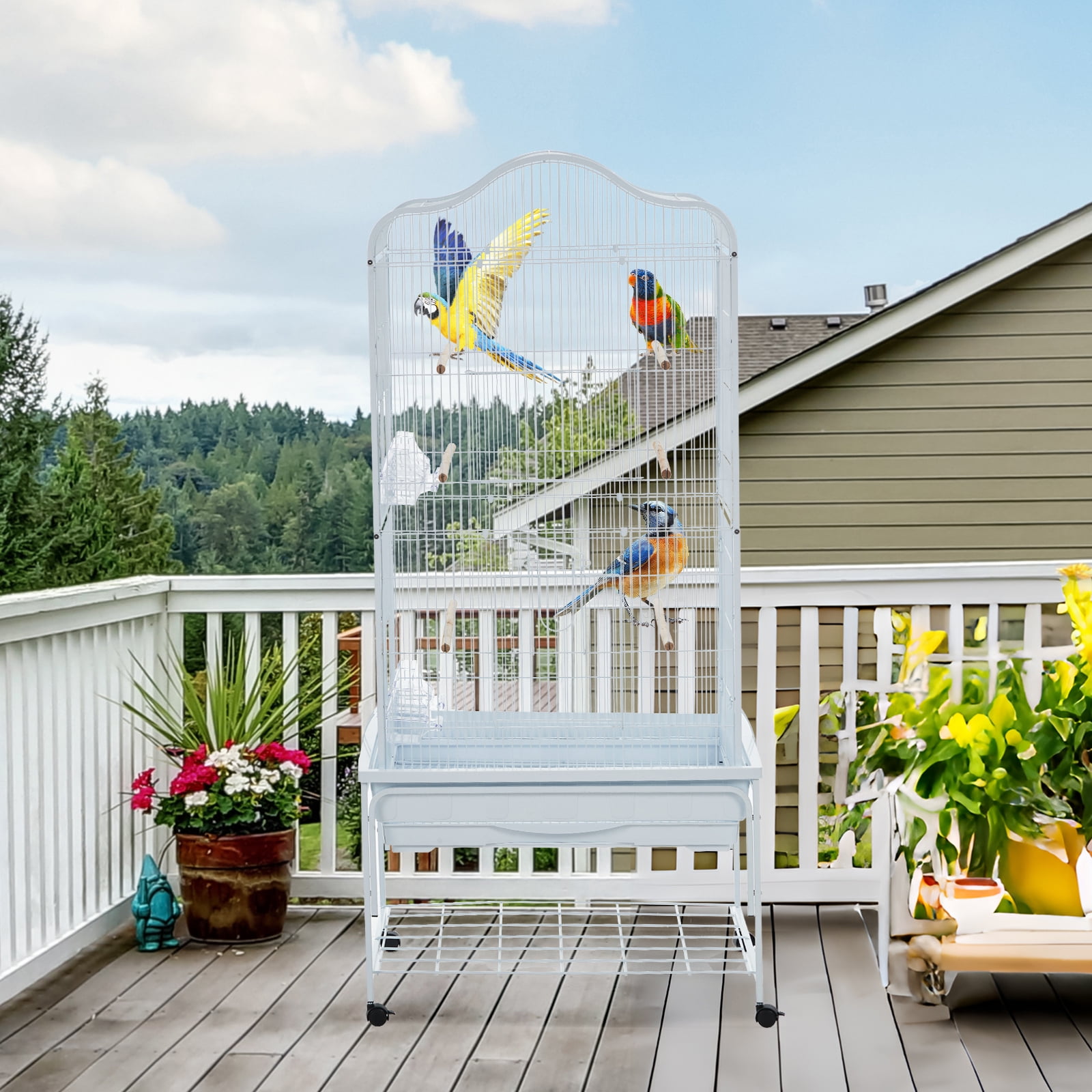 Spacious Metal Bird Cage with Play Top – Rolling Stand. Storage Shelf. -Out Tray – Flight Cage for Parrots. Cockatiels. Conures. Parakeets. Budgies. Lovebirds. Finches. Canaries – White