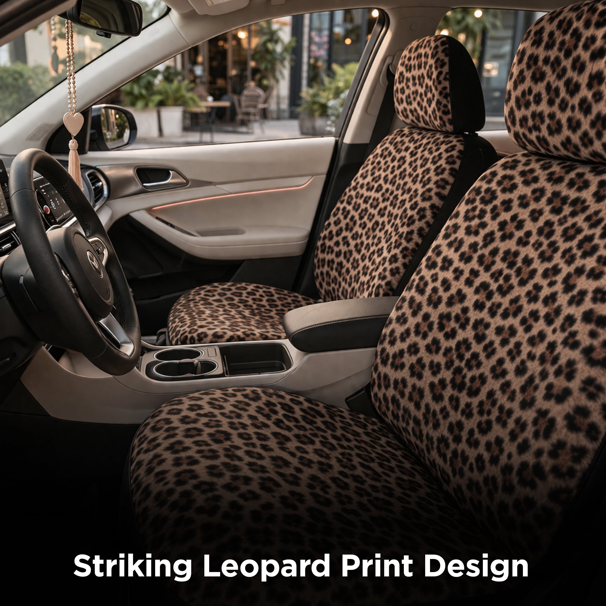 Auto Drive 2-Piece Fur Leopard Seat Covers for Cars, SUVs, and Crossovers, Brown