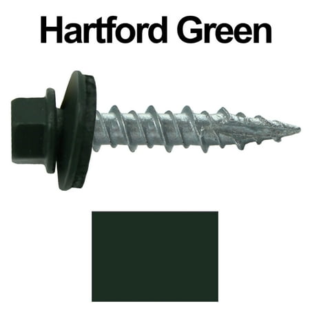 

Metal ROOFING SCREWS: (1000)10 x 1 Hartford Green Hex Head Sheet Metal Roof Screw. Self starting metal to wood siding screws. EPDM washer. Colored head