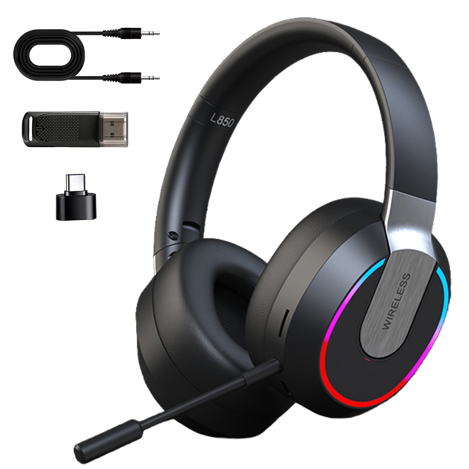2.4GHz Wireless Gaming Headset for PS5/PS4/PS/Switch - Bluetooth Headphones with Noise-Canceling Microphone, Gaming Headphones with 3.5mm Wired, RGB Lights, Foldable, Portable (Black)