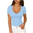 thumbnail image 2 of Short Sleeve Shirts For Women Ribbed Fitted Shirt Basic V Neck Slim T Shirt Tops Women Tops, 2 of 6