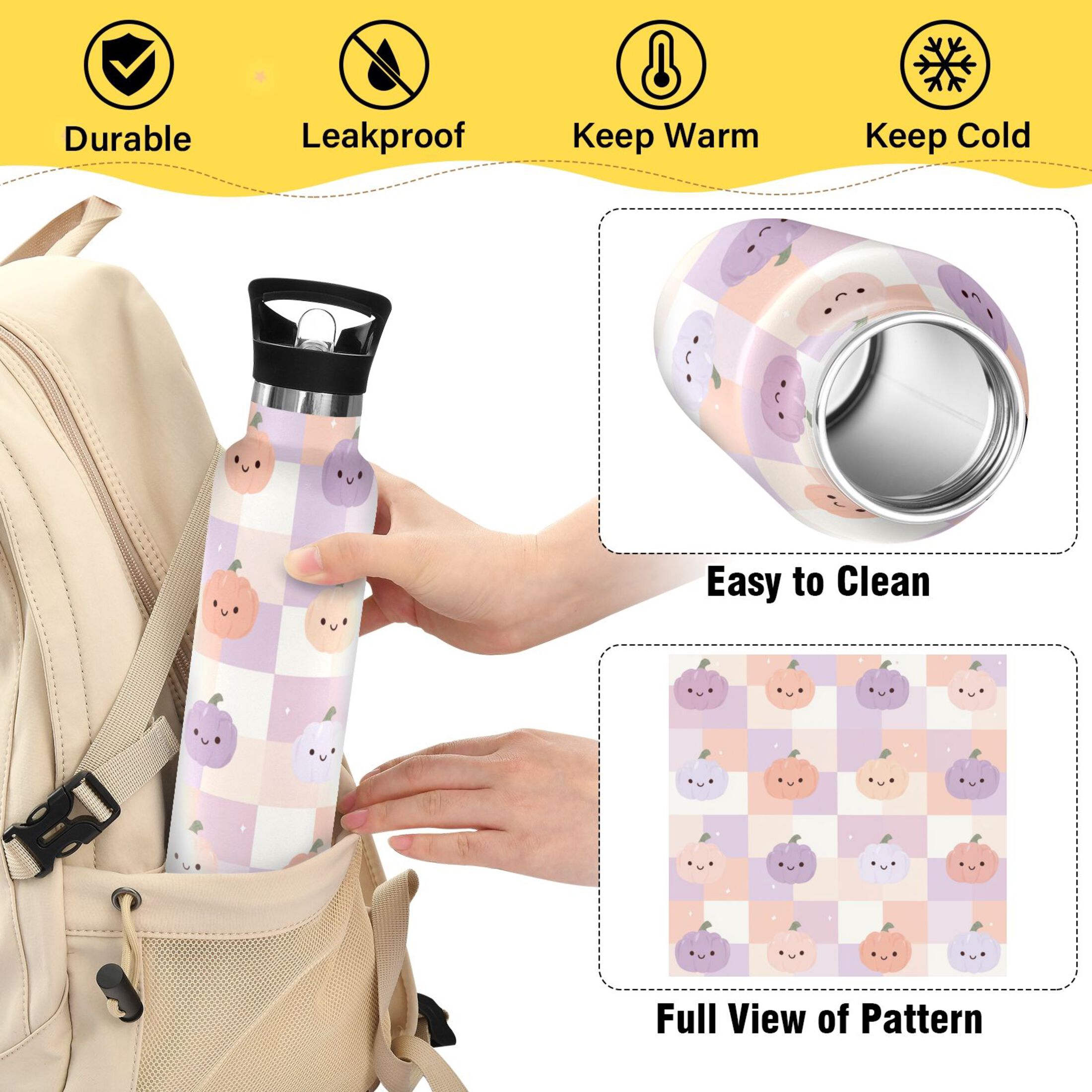 Kids Insulated Stainless Steel Sports Water Bottle 600ml (20oz) Light-colored Pumpkin