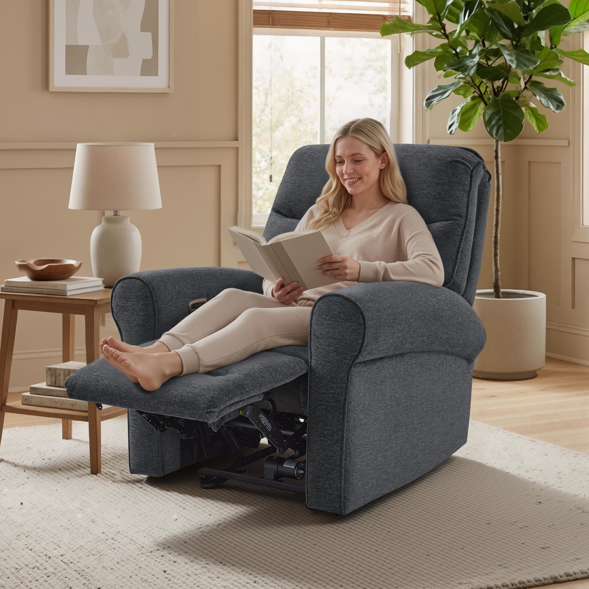 MCombo Small Wall Hugger Power Recliner Chair for Small Space RV Living Room, , Modern Roll Arm Recliner, Fabric, Dark Grey