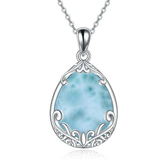 Natural Larimar Necklace for Women Sterling Silver Filigree Pendant Necklace