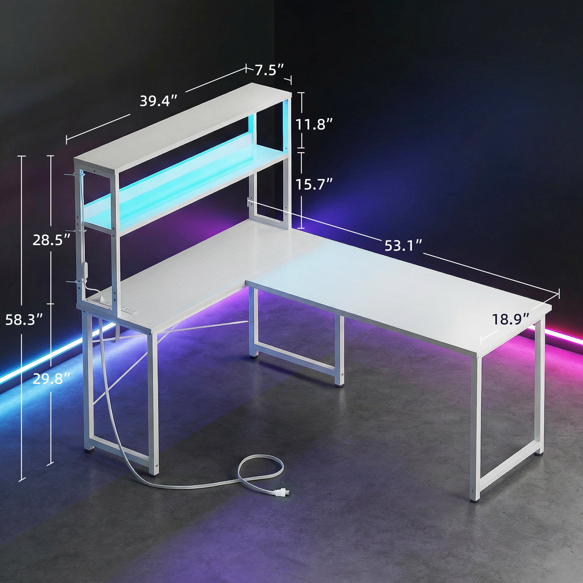 Casacomoda 53 Inch L Shaped Desk with LED Light & Power Outlet, Reversible L Shaped Computer Table with Shelf & Hook for Home Office, White