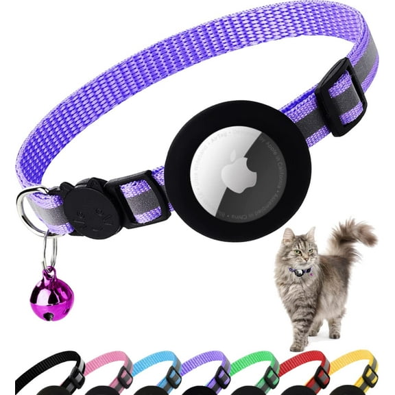 WXSP Air tag Cat Collar Breakaway, Reflective Kitten Collar with Apple Air Tag Holder and Bell for Girl Boy Cats, 0.4 Inches in Width and Lightweight(Purple)
