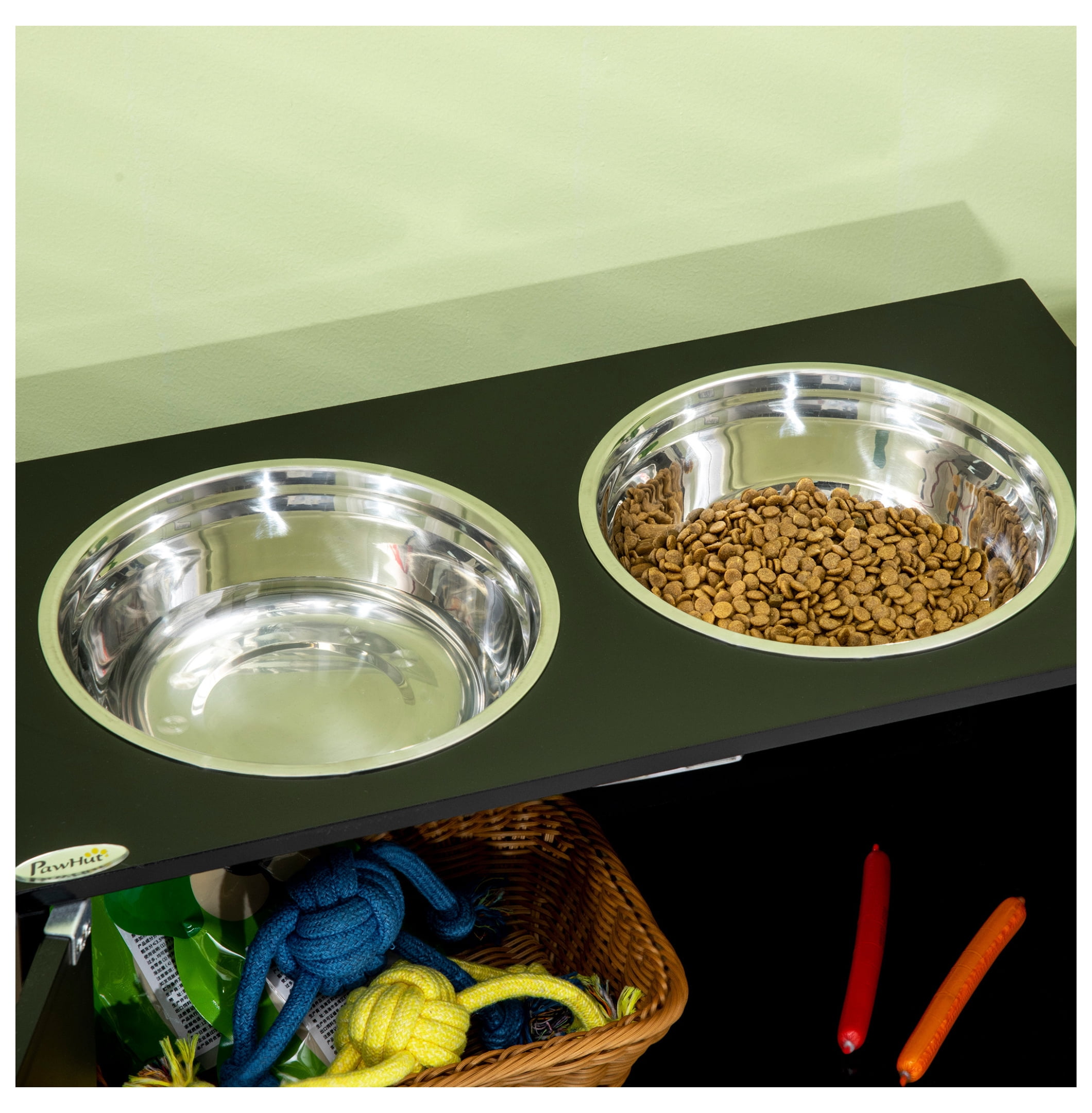 Raised Dog Bowls with Storage, 44L Pet Feeder Station, Large Stainless Steel Bowls, Elevated Dog Bowl Stand for Large Dogs, Black