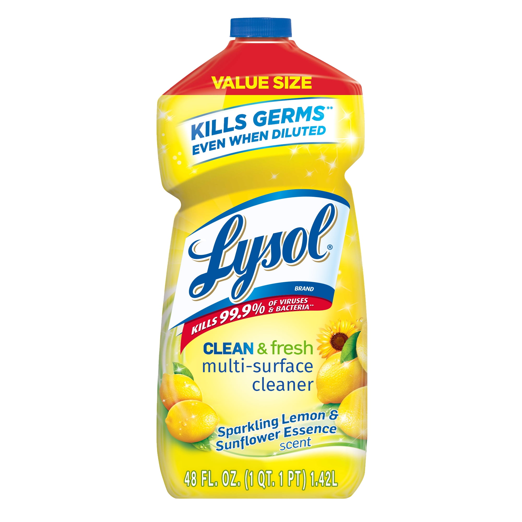 Lysol Multi-Surface Cleaner, Sanitizing and Disinfecting Pour, to Clean and Deodorize, Sparkling Lemon & Sunflower Essence, 48oz